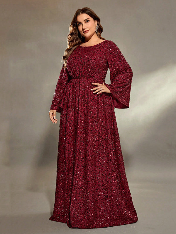 Sparkly long-sleeved maroon evening gown from Extra Flattering Evening Dress collection, perfect for elegant fashion and ملابس events