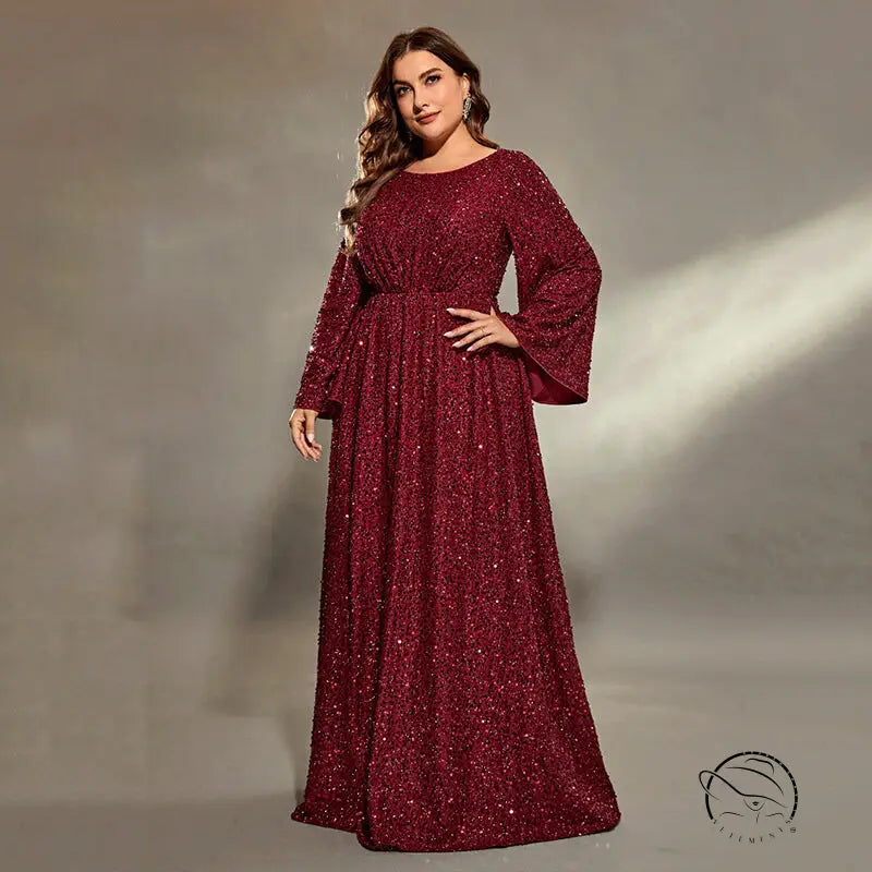 Extra flattering evening dress in sparkly maroon with long sleeves