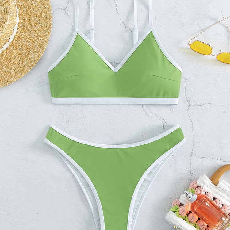Green and white solid color stitching small high waist bikini for women by Solid Color Stitching