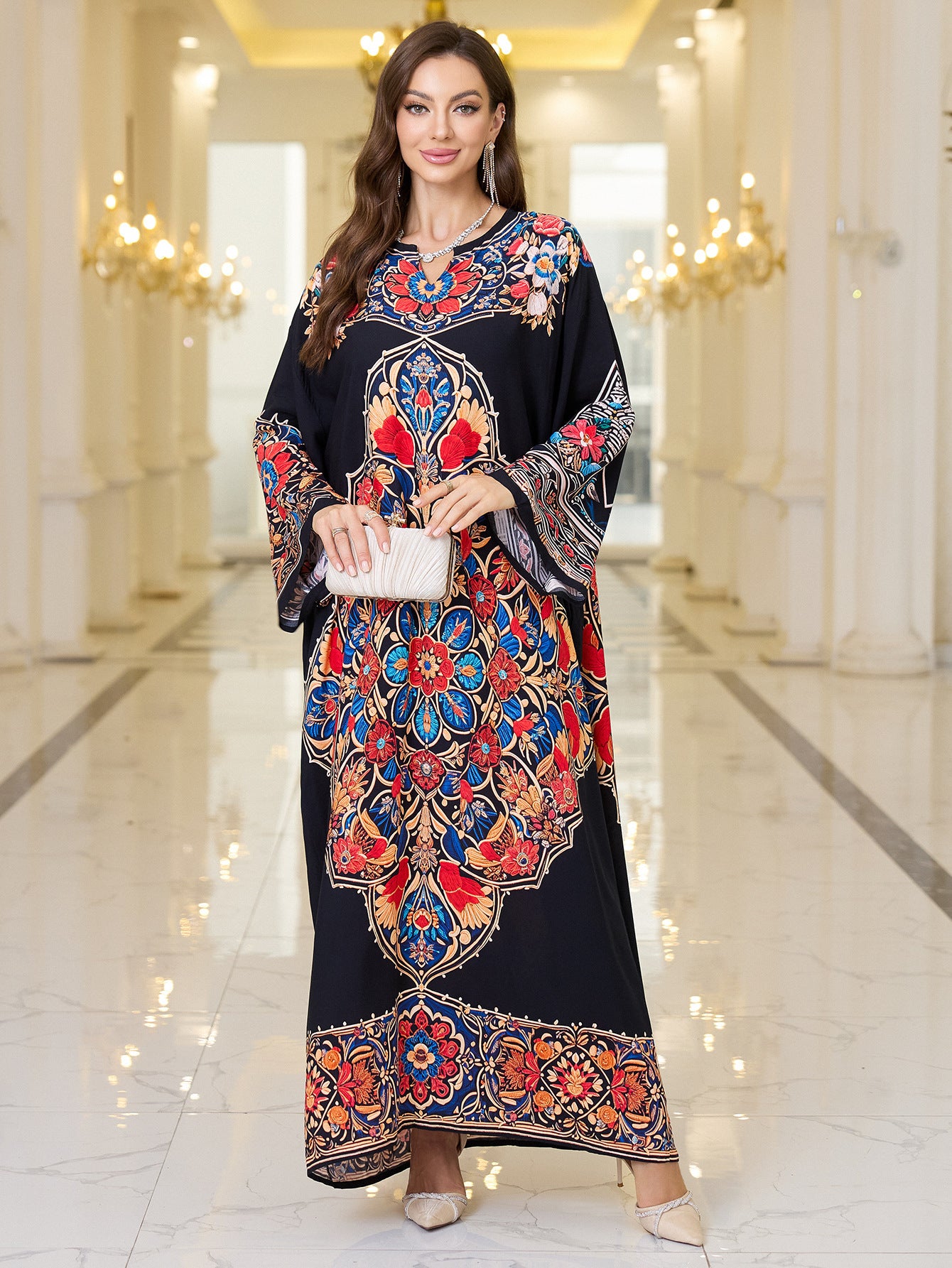 Elegant loose black floral kaftan dress with long sleeve length