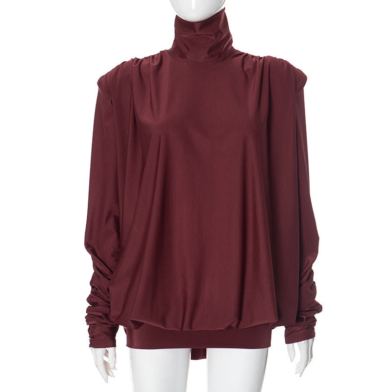 Maroon turtleneck blouse with gathered sleeves showcasing elegant fashion style and ملابس