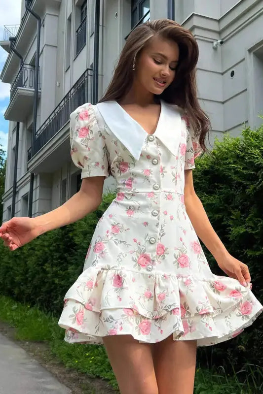 French v Neck Puff Sleeve Short Ruffled Dress