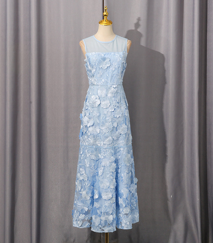 Langry fashion elegant fishtail hem mesh stitching dress in light blue with 3D floral appliques