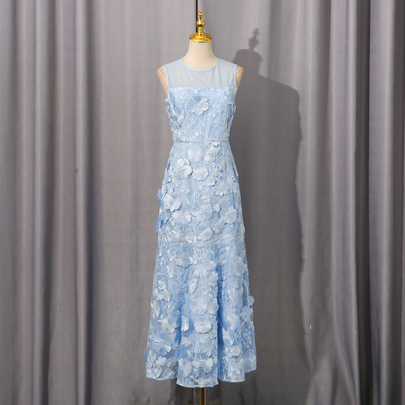 Langry fashion elegant fishtail hem mesh stitching dress in light blue with 3D floral appliques
