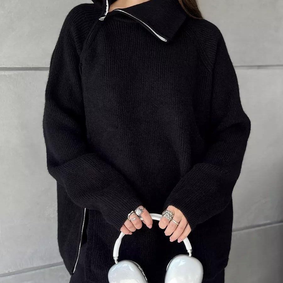 Black oversized sweater with silver trim from the High Collar Zipper Knitted Sweater Suit fashion
