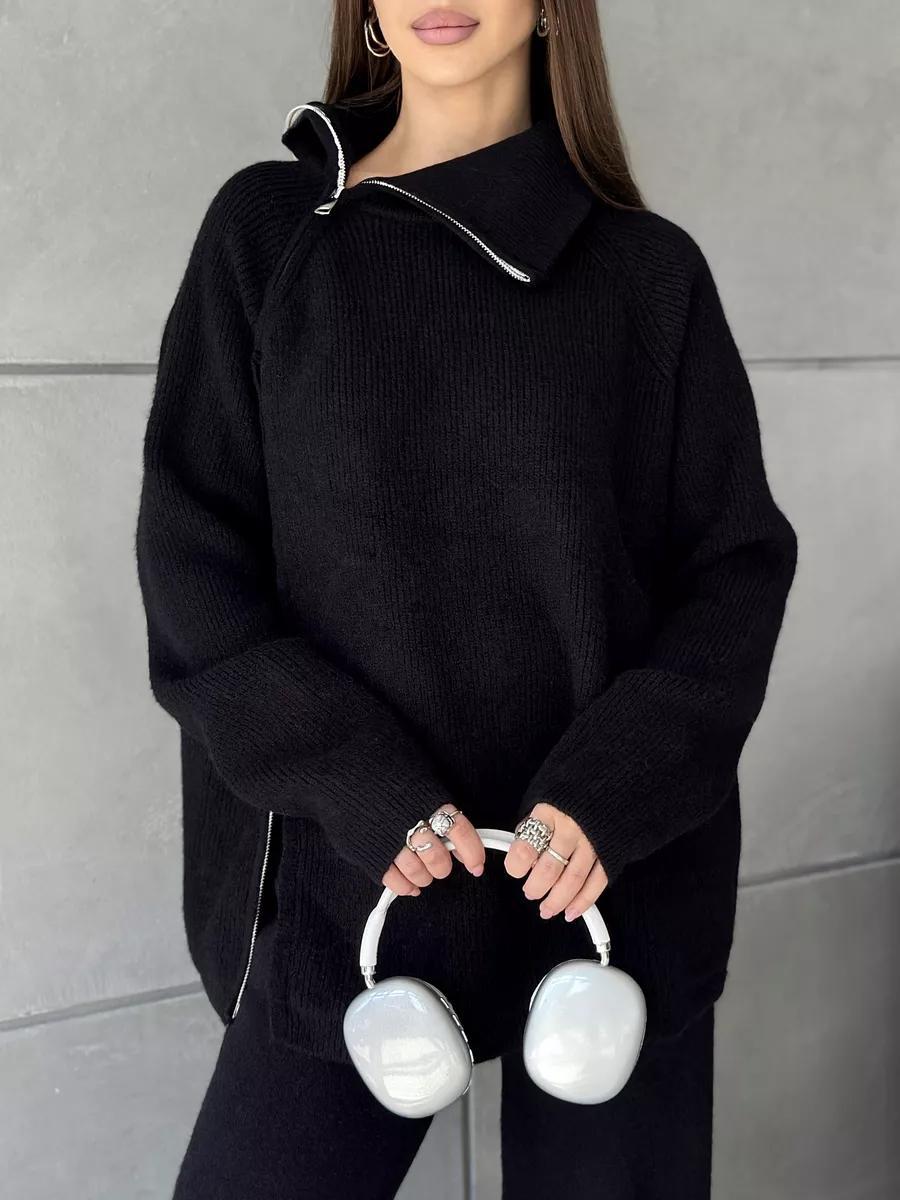 Black oversized sweater with silver trim from the High Collar Zipper Knitted Sweater Suit fashion