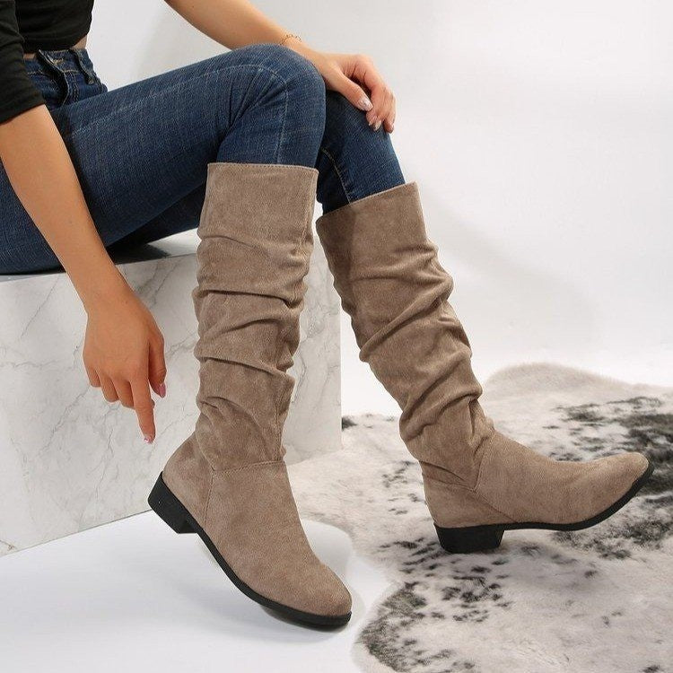 Pile Suede Slip on Knee High Boots