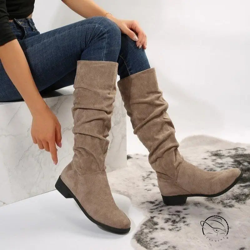 Pile Suede Slip on Knee High Boots