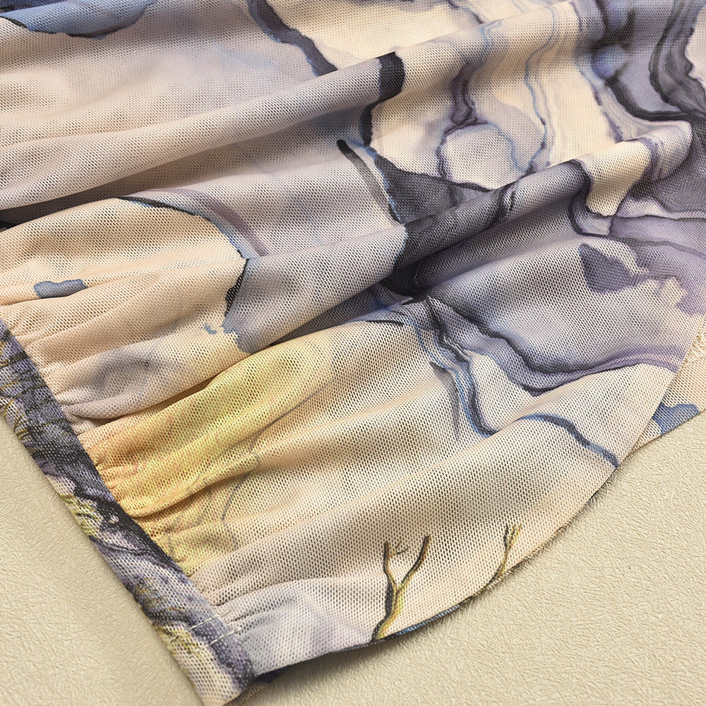 Watercolor-patterned mesh fabric in a Women’s Summer Split Dress for stylish fashion