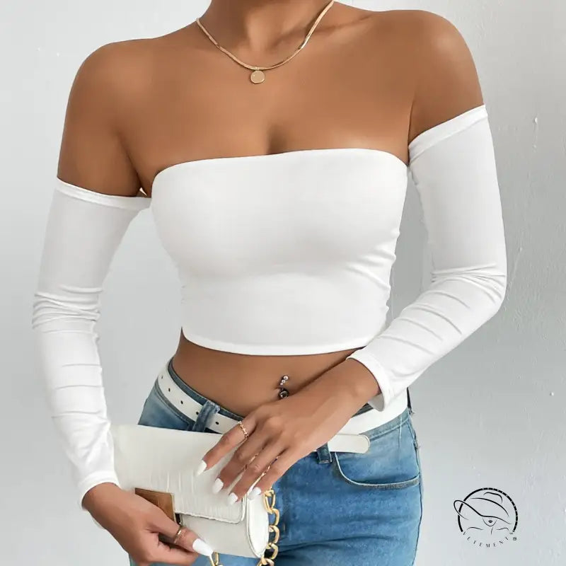 White off-the-shoulder camisole waist trimming short sleeve crop top