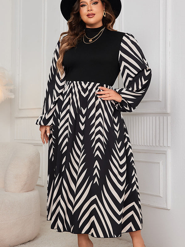 Elegant Puff Sleeve High Waist Dress in black and white chevron pattern, trendy fashion ملابس