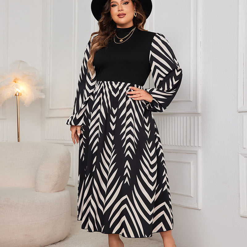 Elegant Puff Sleeve High Waist Dress in black and white chevron pattern, trendy fashion ملابس