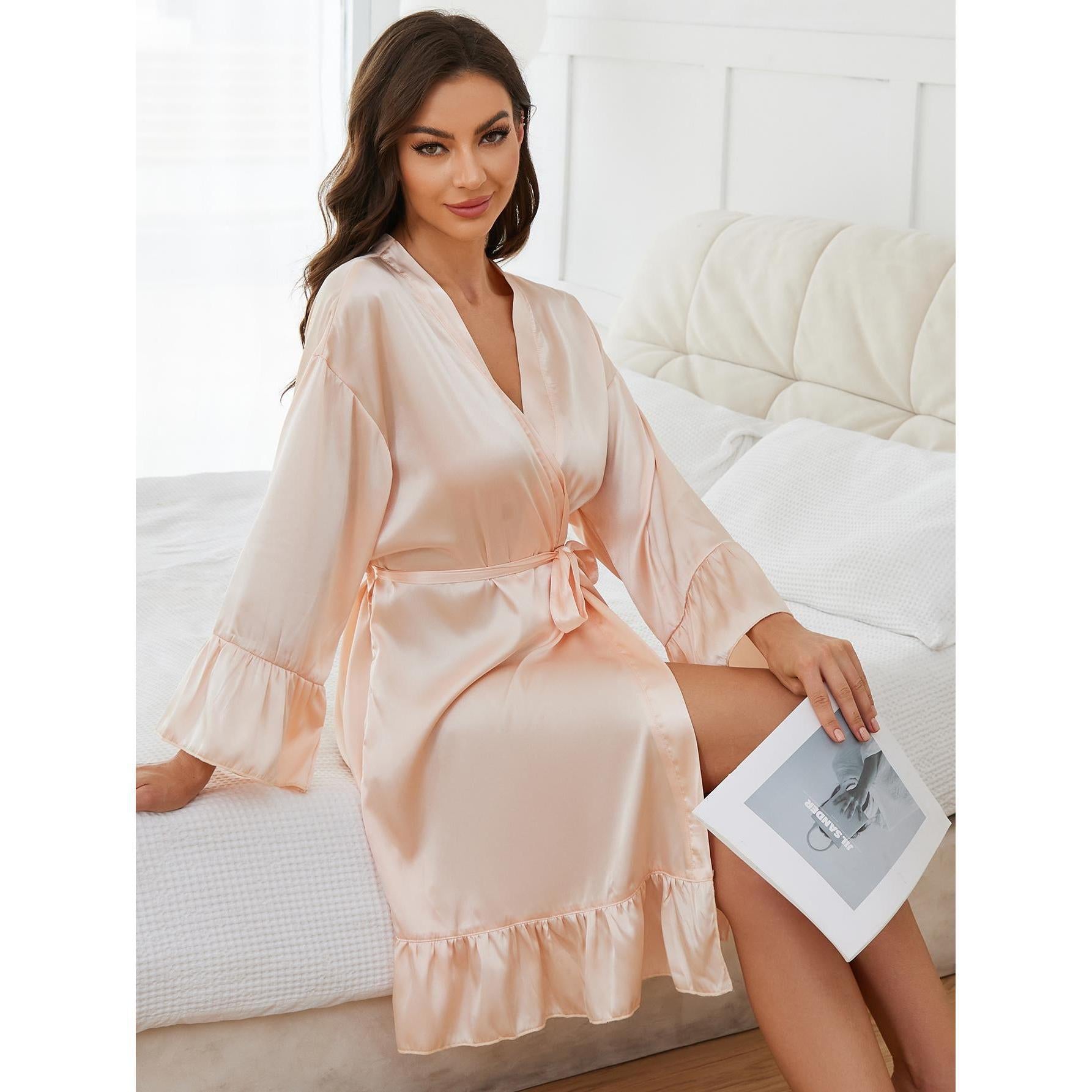 Long sleeve peach satin nightgown with ruffles, stylish langry fashion home sleepwear