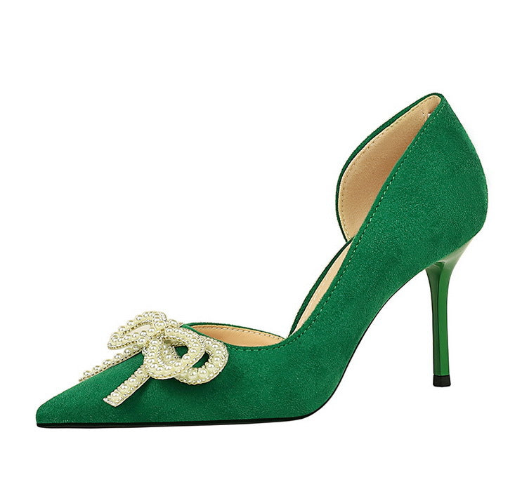Cute Rhinestone Pearl Bow High Heels