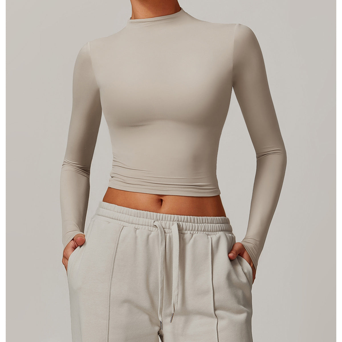 Beige long-sleeved crop top with mock neckline in Quick Drying Fitness Sports Outerwear