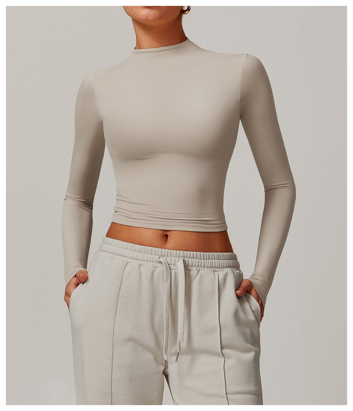 Beige long-sleeved crop top with mock neckline in Quick Drying Fitness Sports Outerwear
