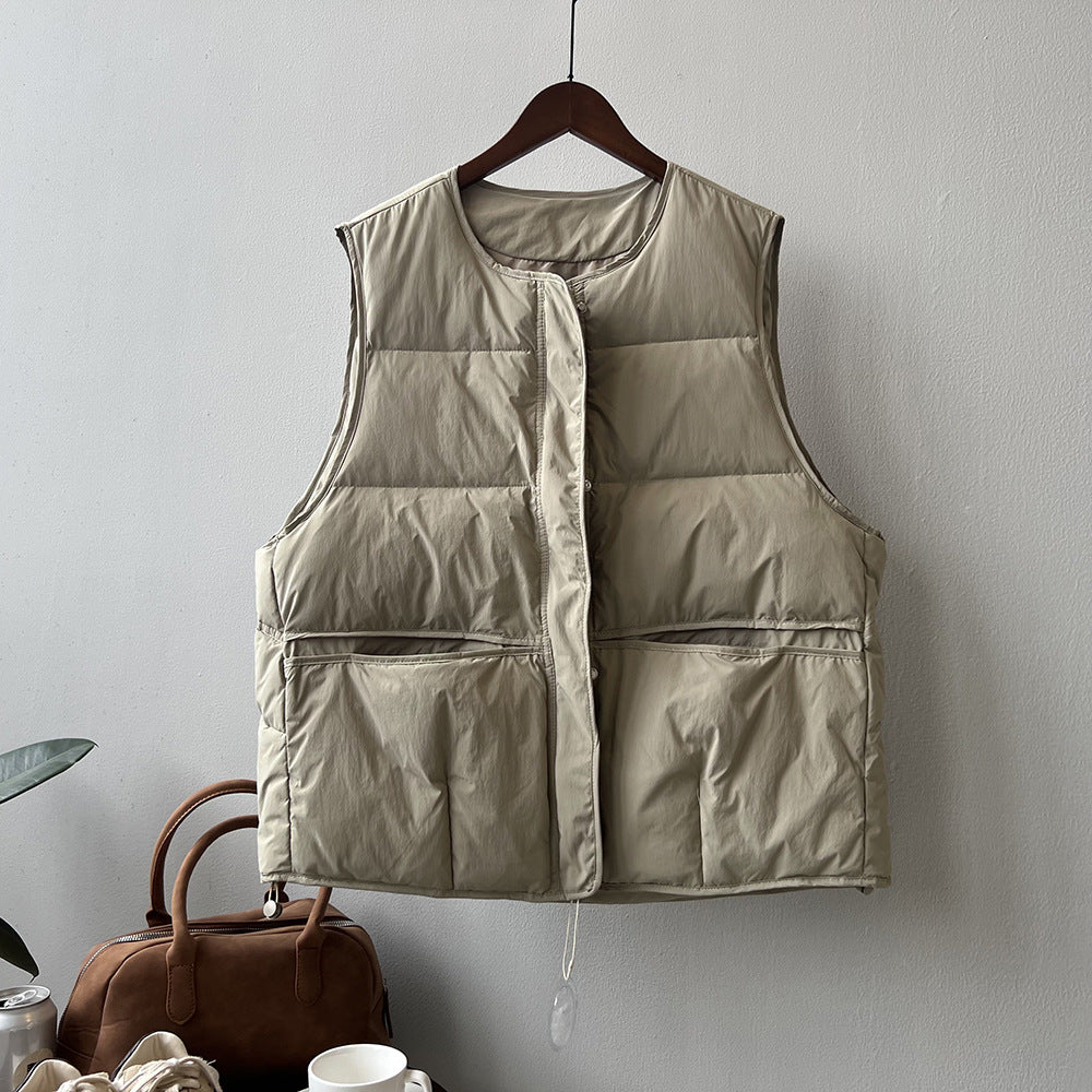Beige quilted Winter Korean round Neck Warm Vest showcasing pockets and zipper, a stylish langry fashion ملابس
