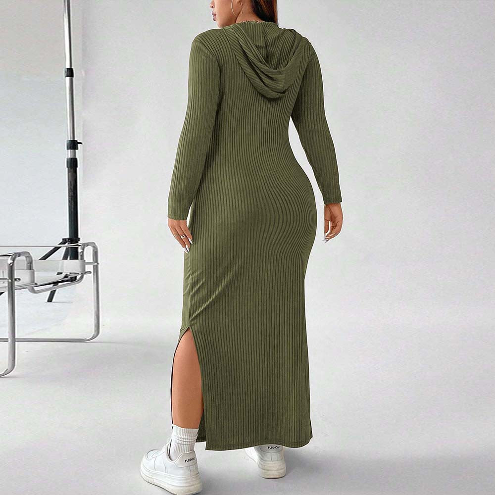 Olive green hooded maxi dress from Winter Sheath Maxi Dress collection, stylish fashion choice