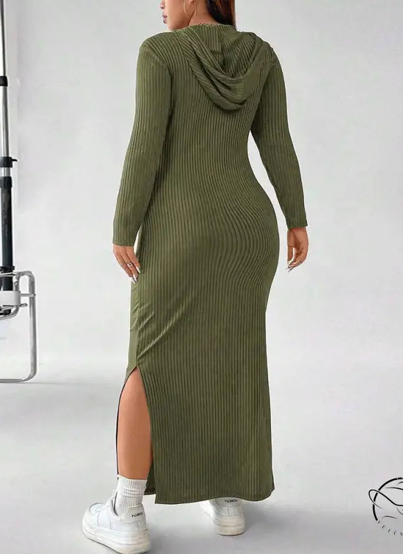 Olive green hooded winter sheath maxi dress