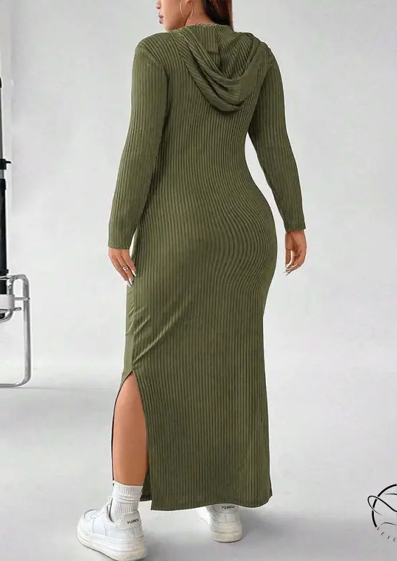 Olive green hooded winter sheath maxi dress
