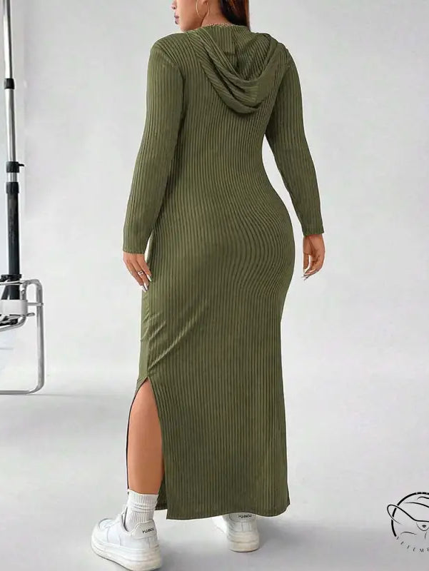 Olive green hooded winter sheath maxi dress