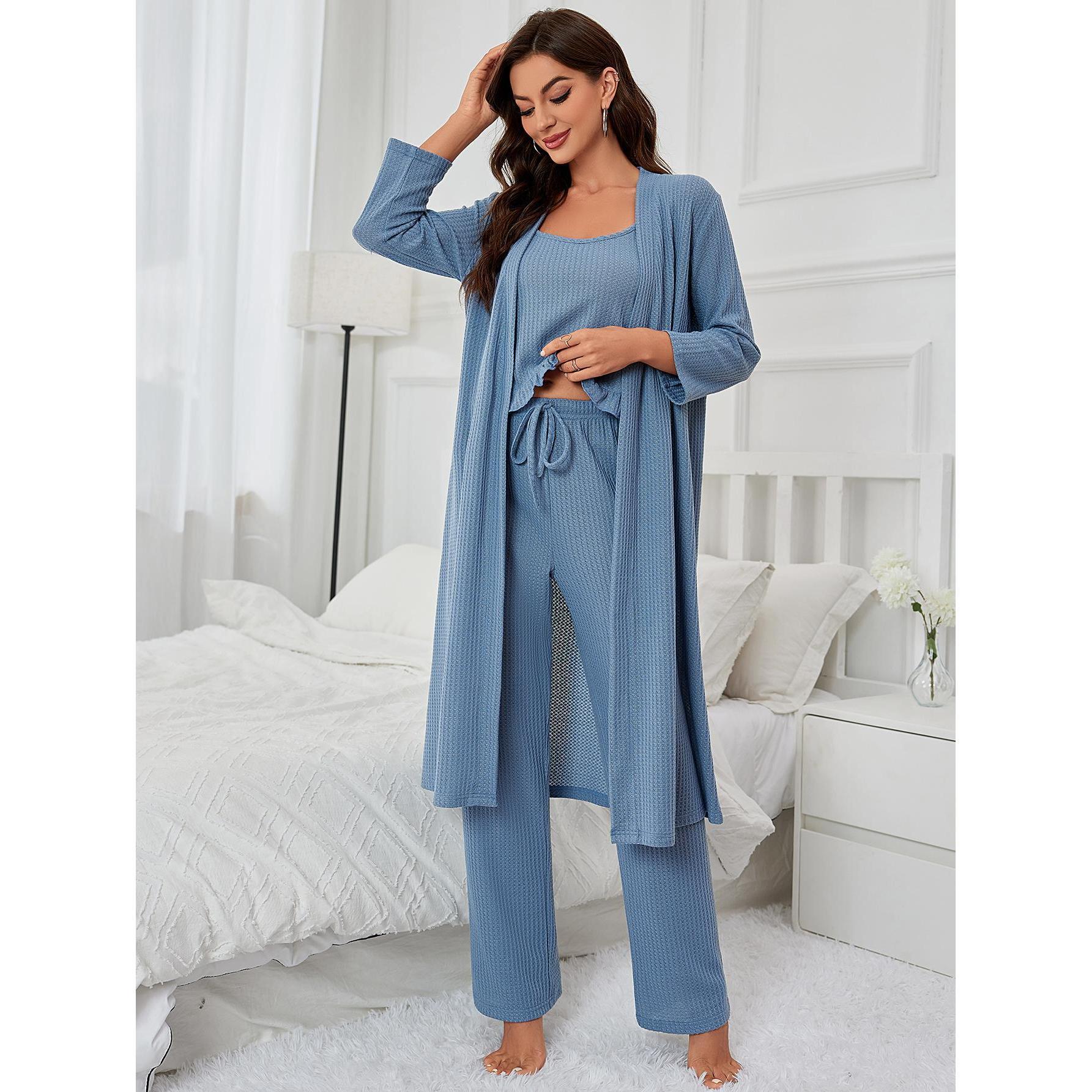 Blue ribbed pajama set showcasing elegant langry fashion and comfortable ملابس for home wear