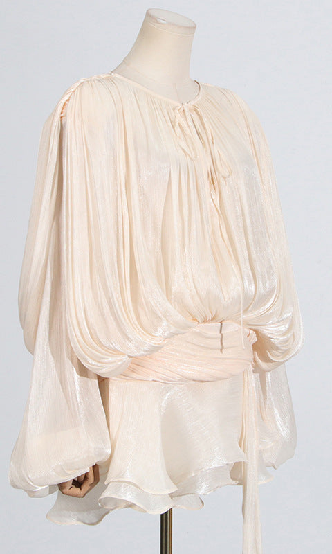 Creamy flowing blouse with tie waist in Gorgeous Design Short Mesh Dress for trendy fashion ملابس