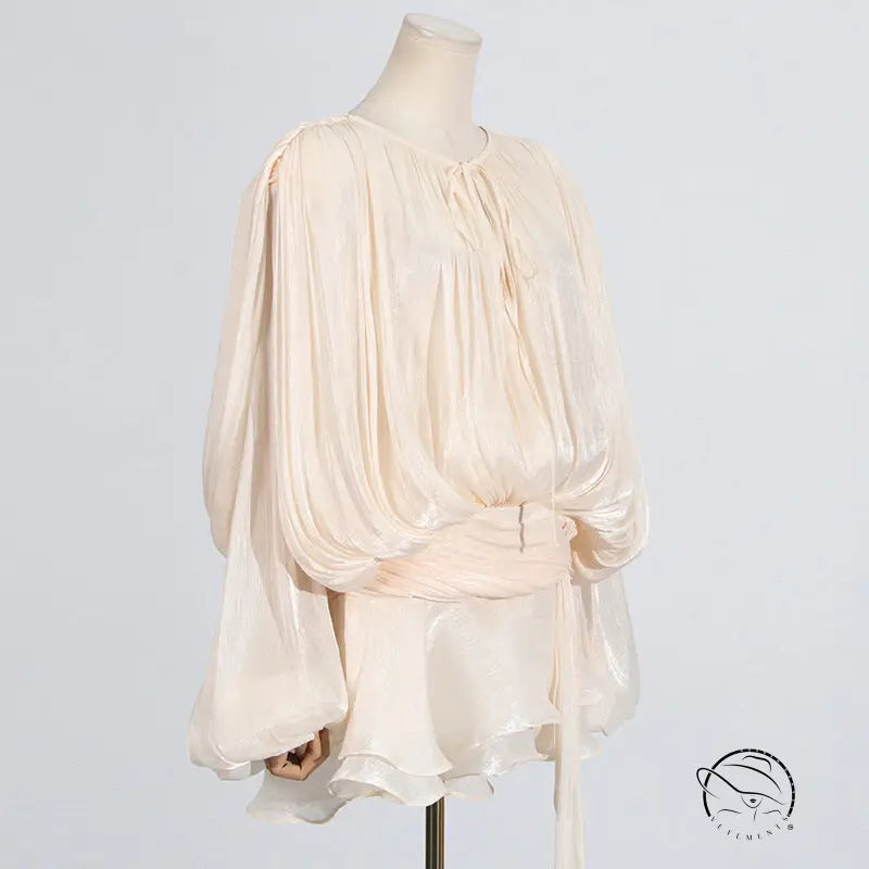 Gorgeous short mesh dress with creamy flowing blouse and tie waist