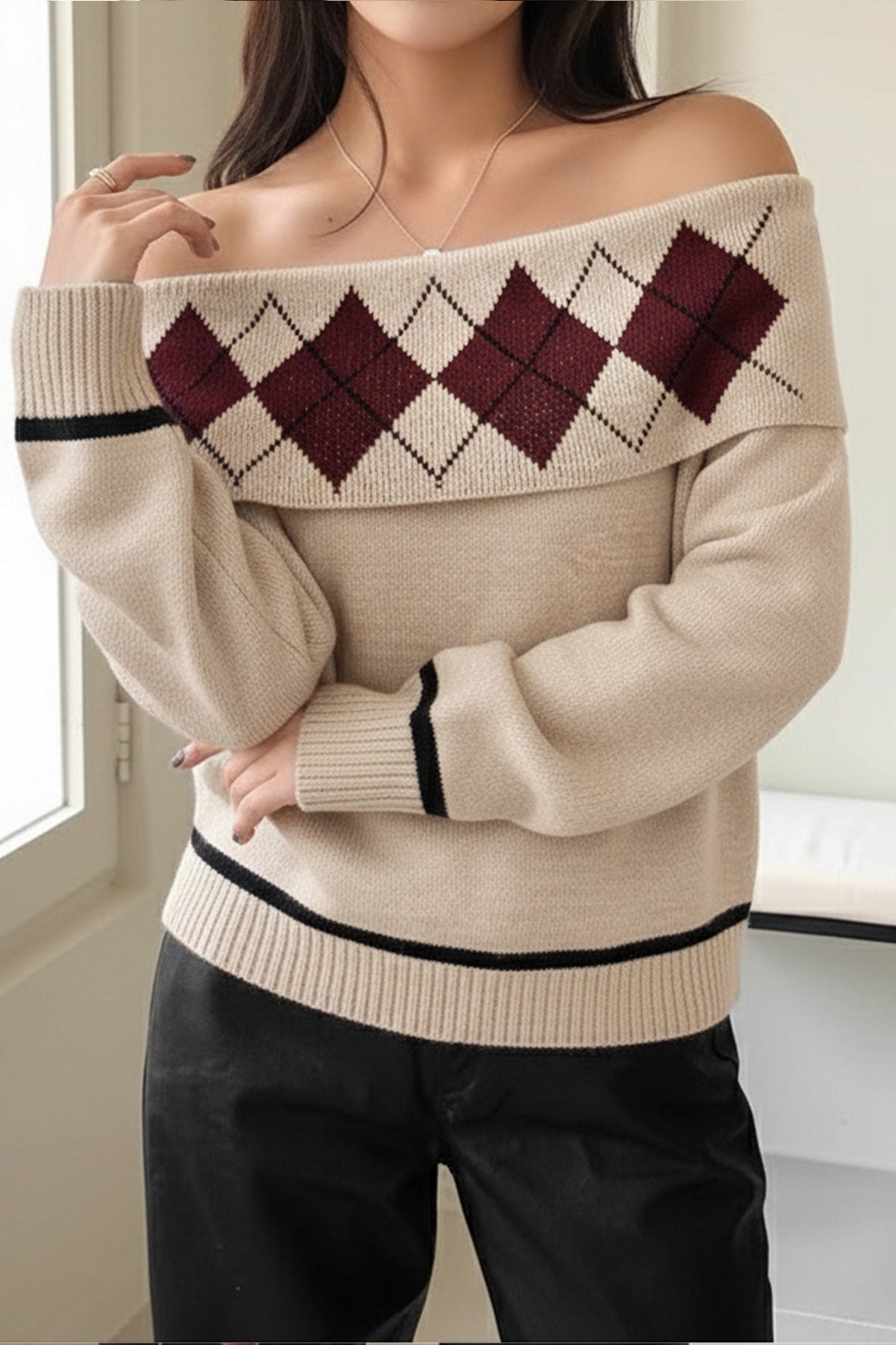 Elegant beige argyle off-shoulder langry fashion sweater with black maroon accents