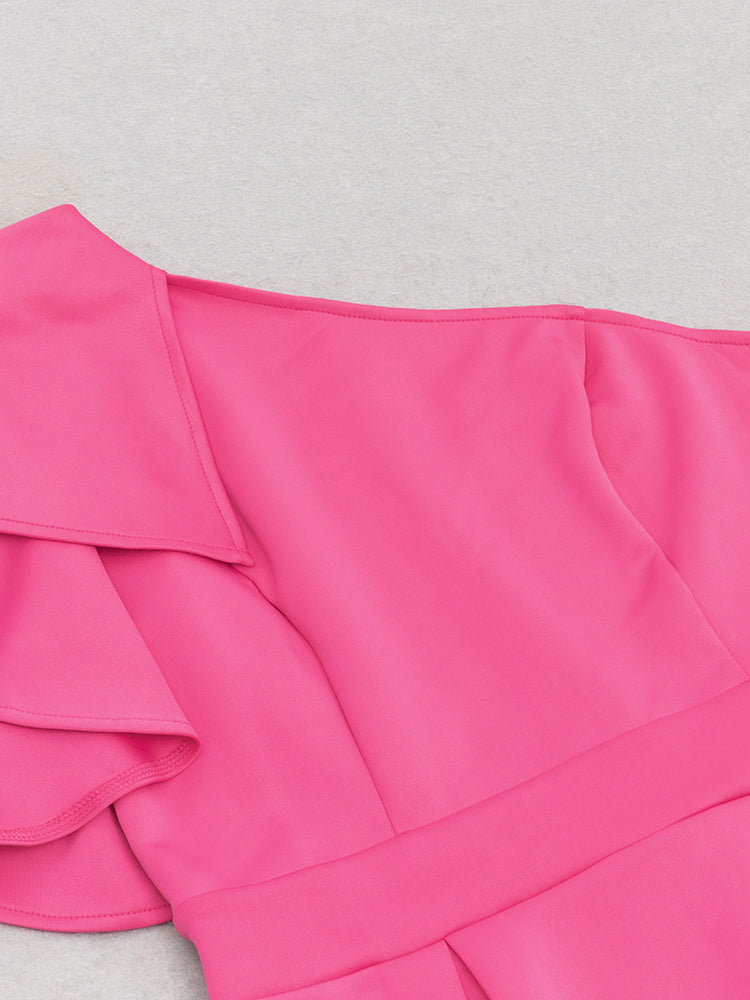 Fuchsia pink elegant shoulder ruffled cocktail dress with one-shoulder design and fitted bodice