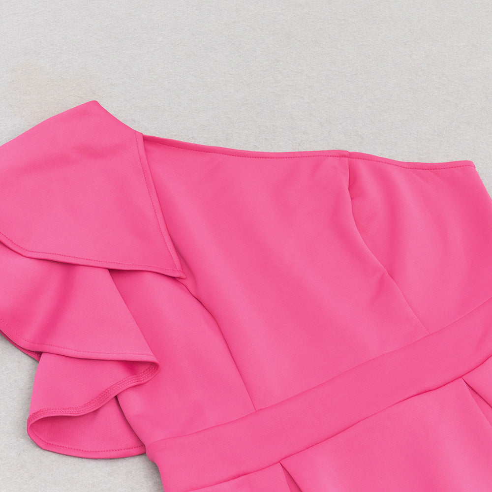 Fuchsia pink elegant shoulder ruffled cocktail dress with one-shoulder design and fitted bodice