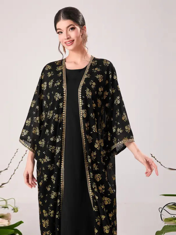 Black floral kimono with gold accents in langry fashion dress suit