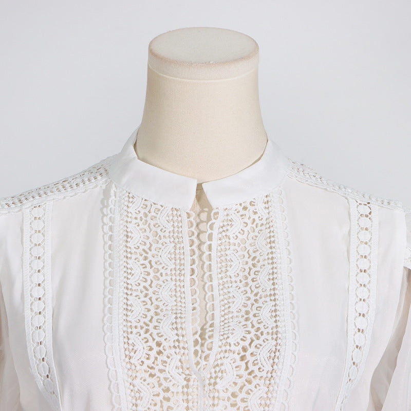 Elegant puff sleeve short dress with white lace blouse collar and buttons