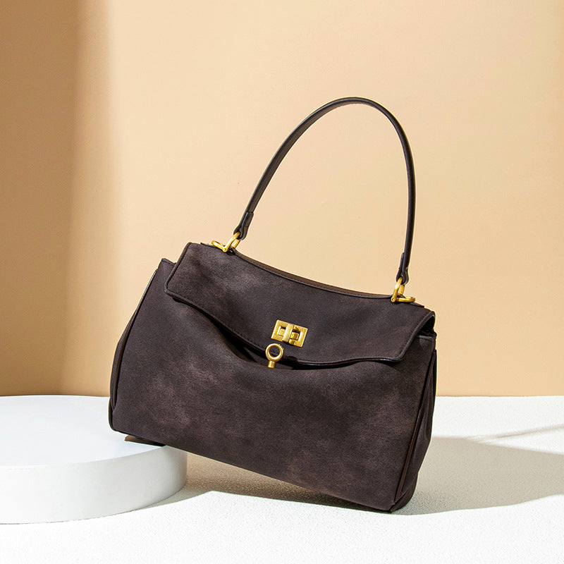 Dark brown leather handbag with gold hardware, Original Frosted Deerskin Bag for fashion lovers