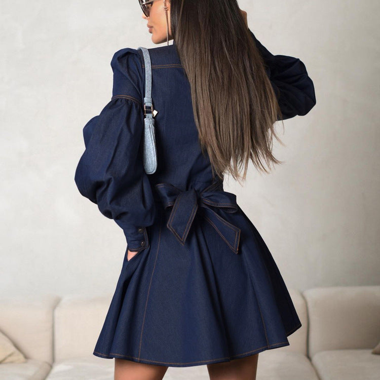Dark blue denim shirt fashionable dress with voluminous sleeves and tie-back waist
