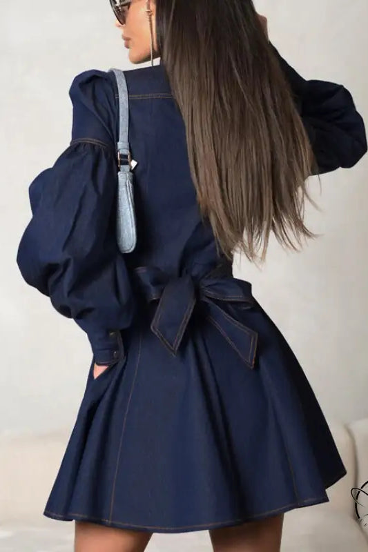 Dark blue denim shirt fashionable dress with voluminous sleeves
