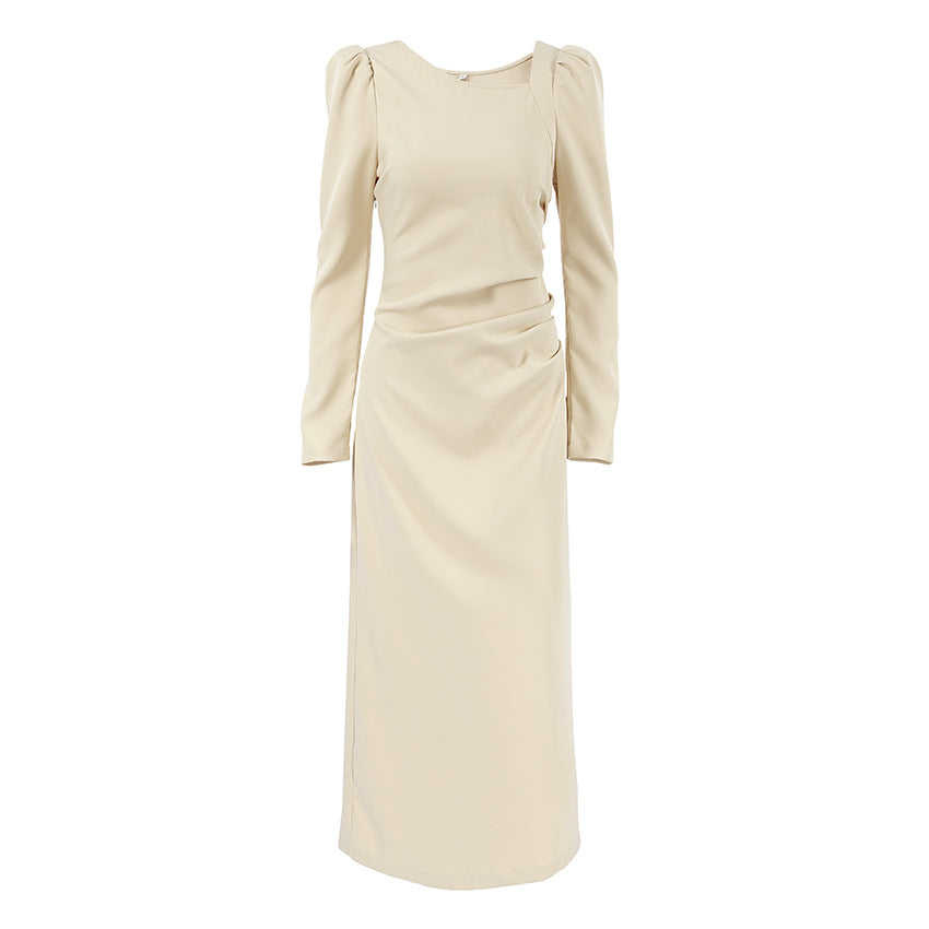 Elegant puff sleeve tight beige midi dress with split hem for sophisticated style