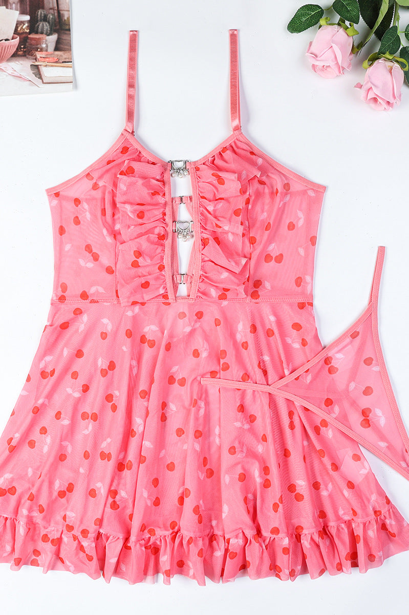Cute Pink Slip Nightdress featuring a charming pink cherry-print lingerie set for fashion lovers