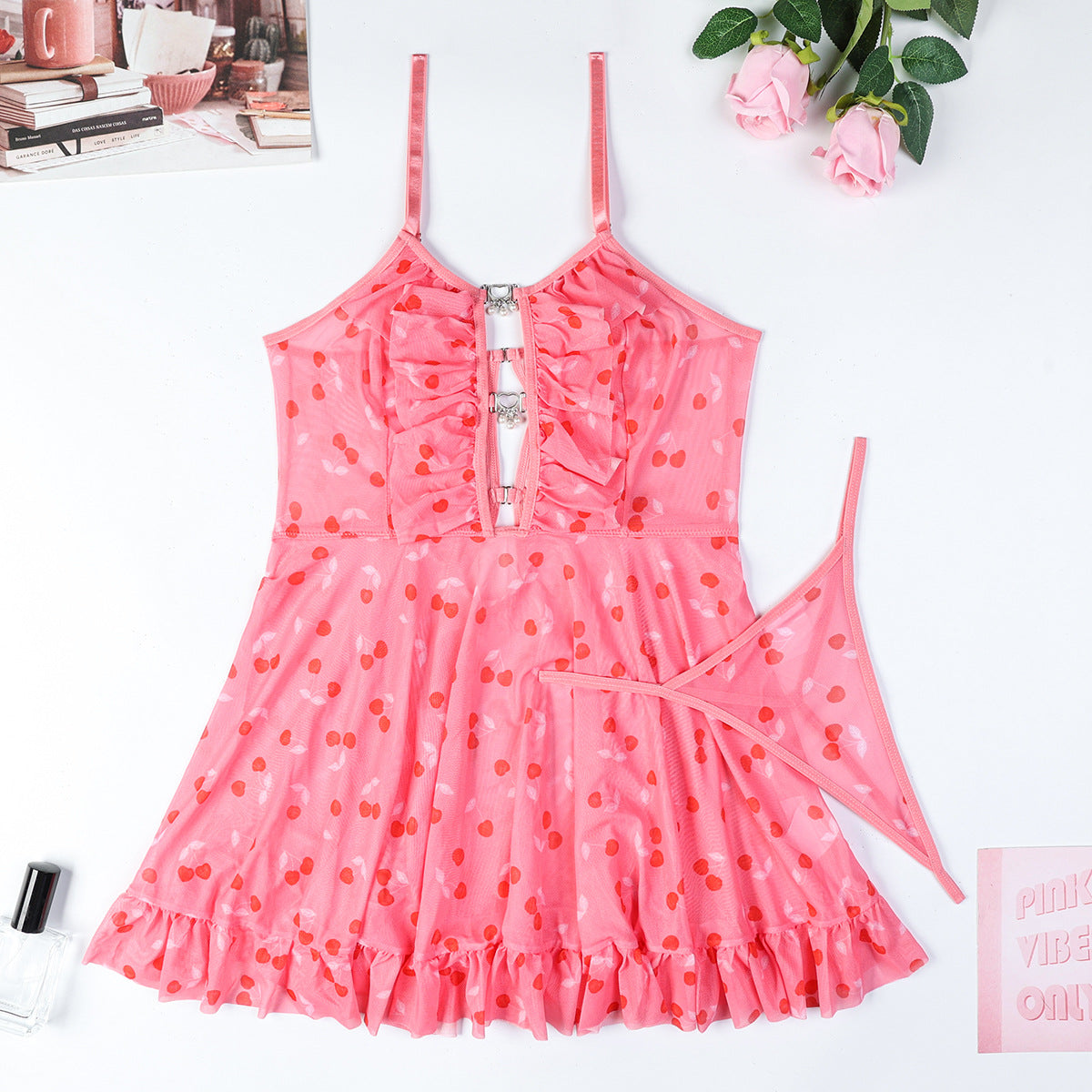 Cute Pink Slip Nightdress featuring a charming pink cherry-print lingerie set for fashion lovers