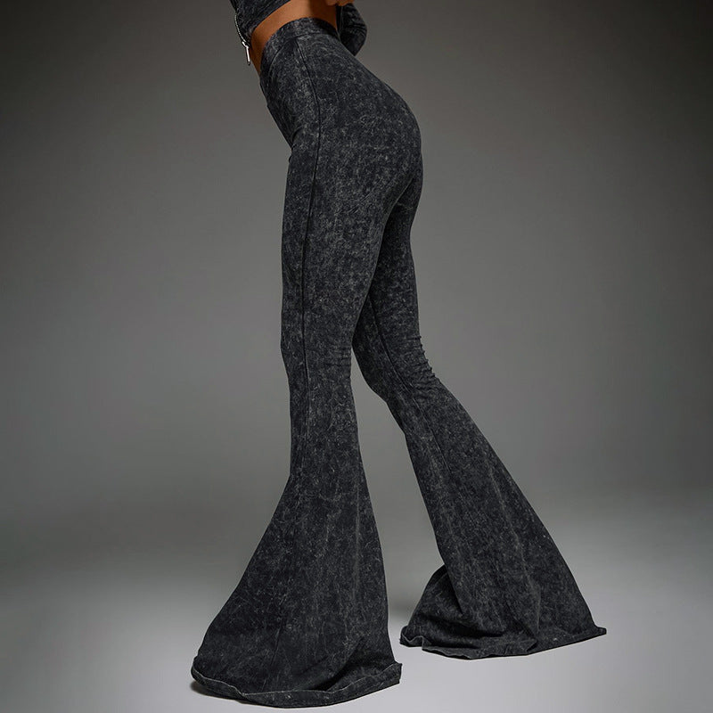 Acid wash flared trousers in slim casual fashion high waist shaping bell bottom pants