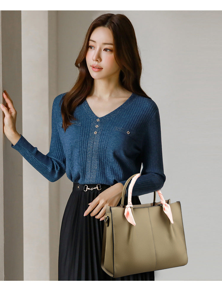 Langry fashion blue knit sweater with buttons and black pleated skirt