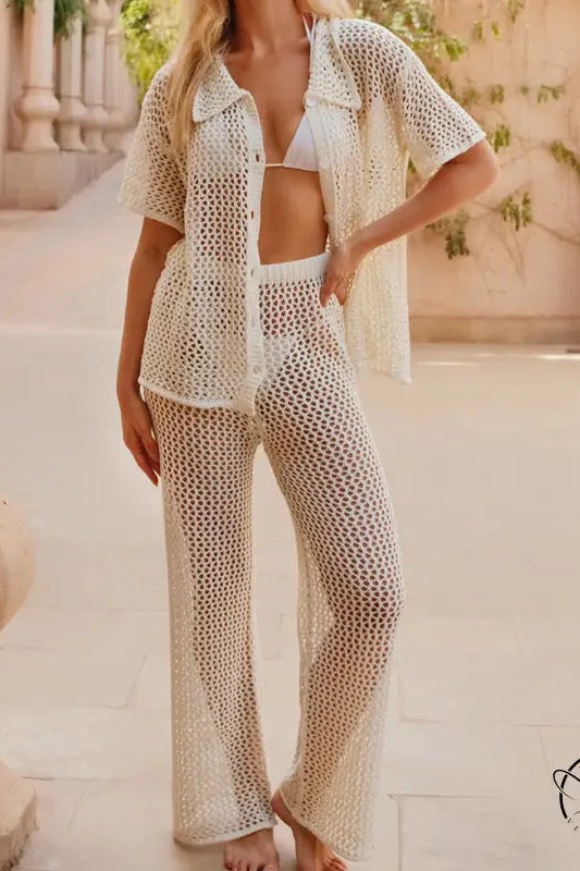 White crochet beach loose shirt and casual trousers set
