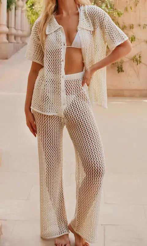 White crochet beach loose shirt and casual trousers set