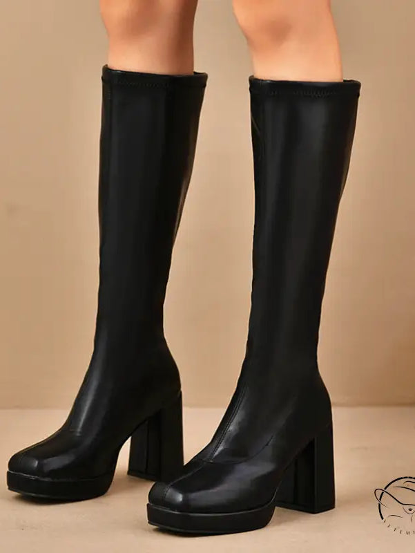 Leather Slimming Chunky Heel Below the Knee Knight Boots