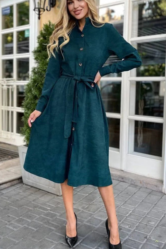 Emerald green corduroy dress showcasing an elegant daily dress for stylish daily wear