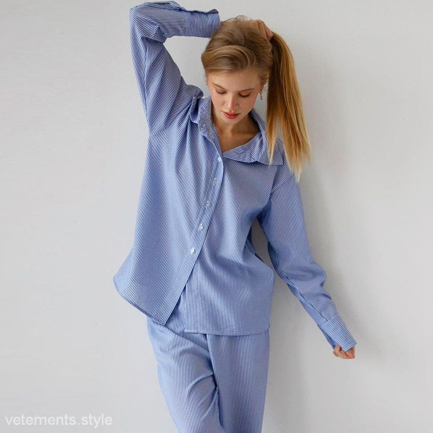 Blue and white striped winter pajamas set from French Comfy Pajamas collection