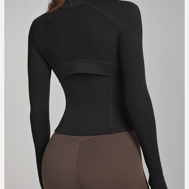 Black long-sleeved athletic jacket from Slim Fit Breathable Yoga collection showcasing fashionable ملابس