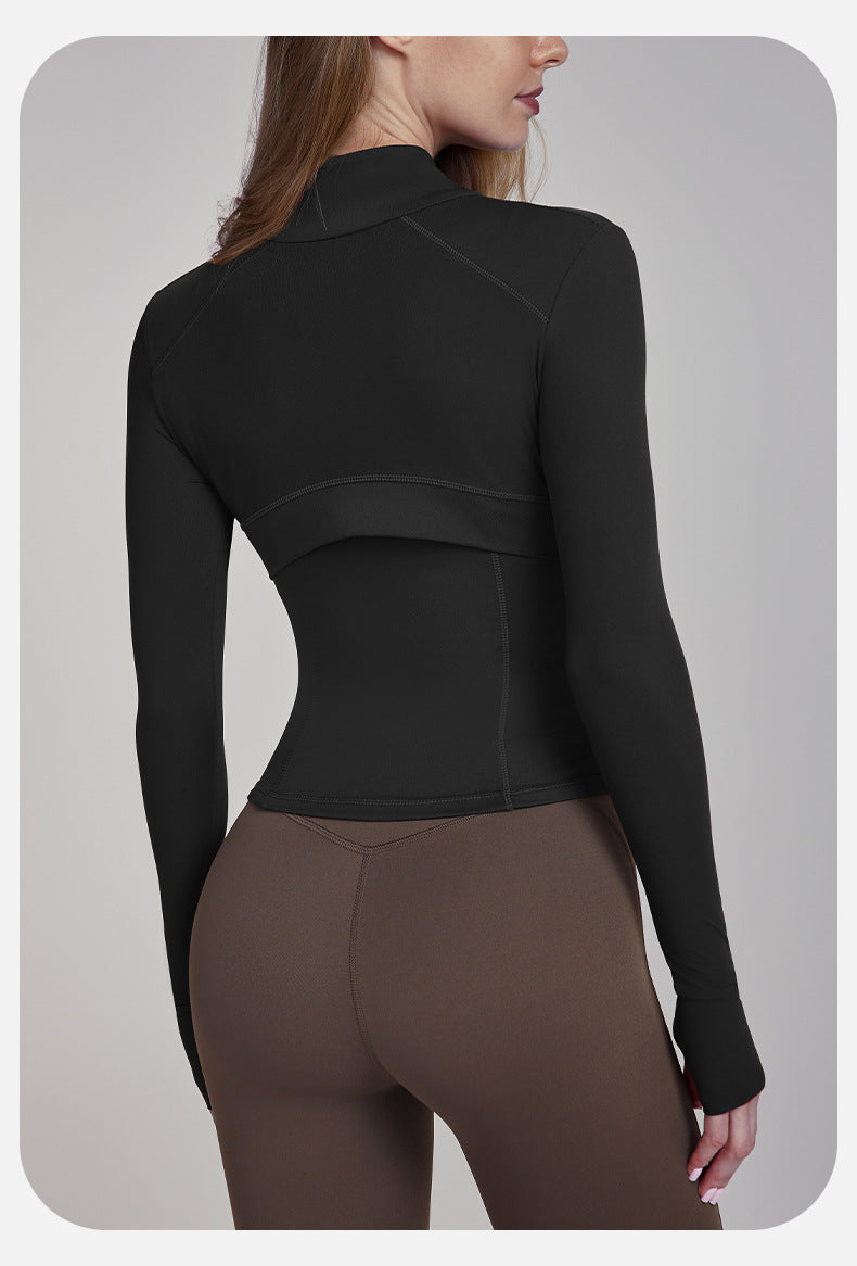 Black long-sleeved athletic jacket from Slim Fit Breathable Yoga collection showcasing fashionable ملابس
