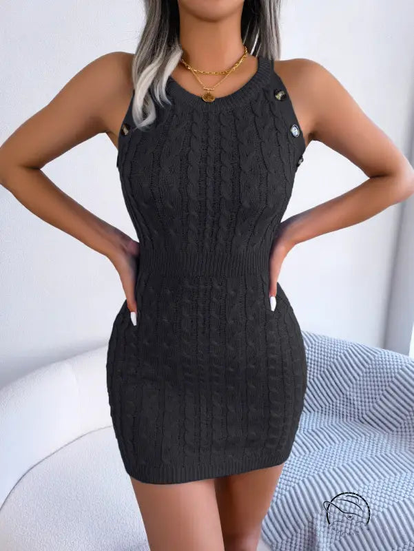 Black cable-knit mini dress for casual waist trimming knitted hip style