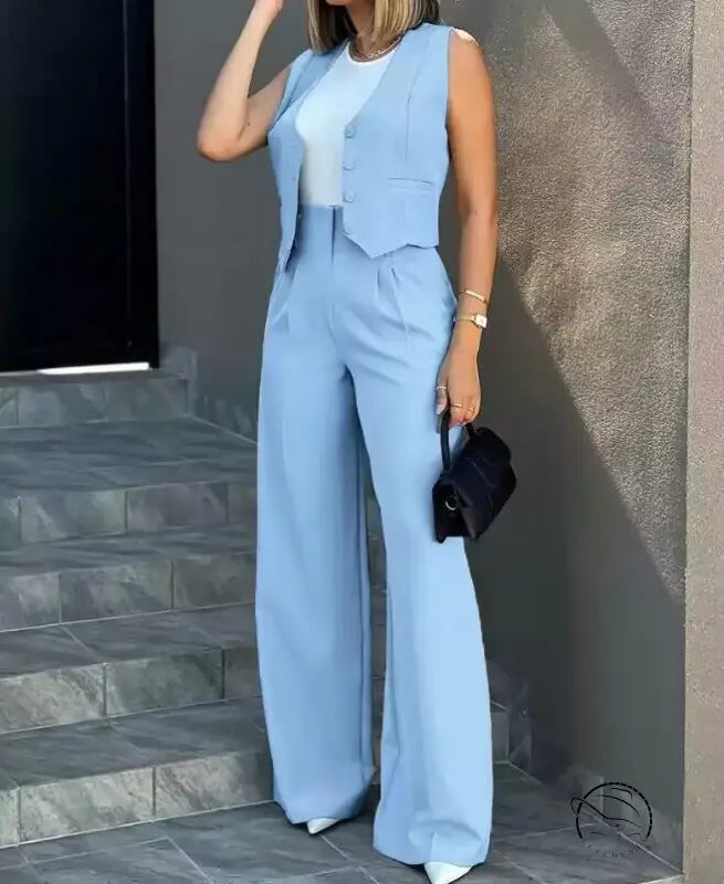 Elegant vest jacket wide leg pants set in light blue